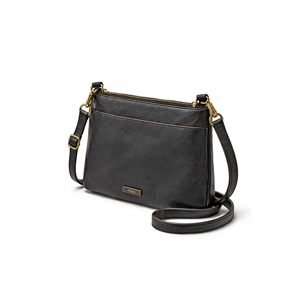 Fossil Black Leather Crossbody Bag Adjustable Strap Medium Purse - Picture 2 of 9
